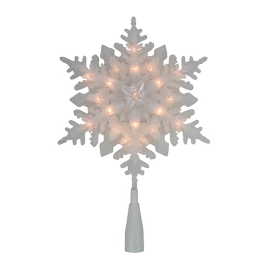 10&#x22; Lighted White Frosted Stacked Snowflake Christmas Tree Topper, Clear Lights